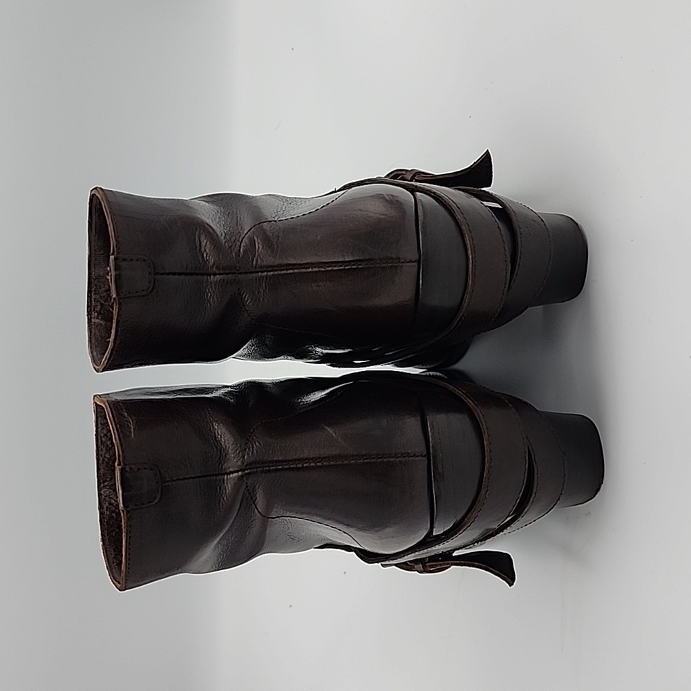 Keyté Key Te Chestnut Leather Moto Ankle Boots Size 38 Strap Heel - Picture 3 of 8